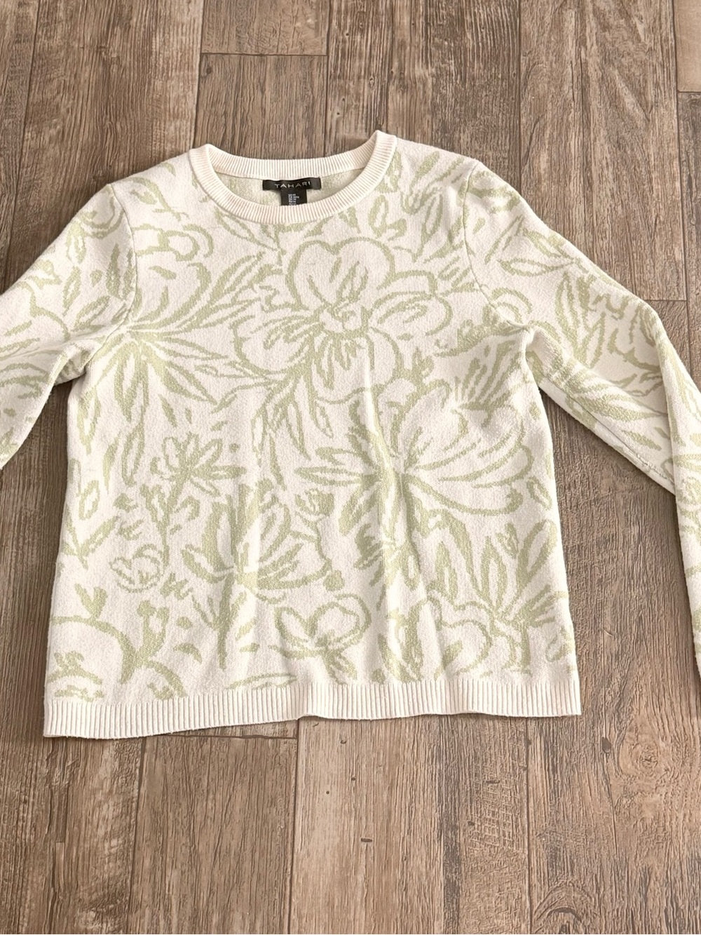 Talbots White and Pale Green Floral Crewneck Sweater